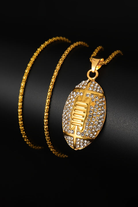 Gold Plated Rhinestone Rugby Football Pendant Necklace