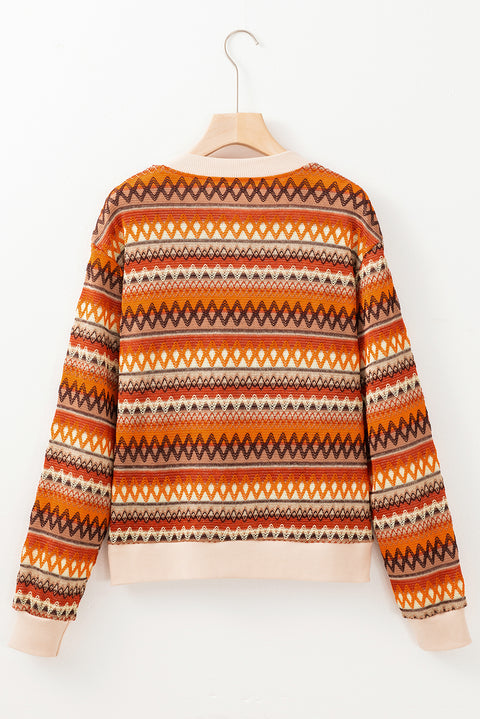 Orange Boho Striped Zip Up Long Sleeve Jacket