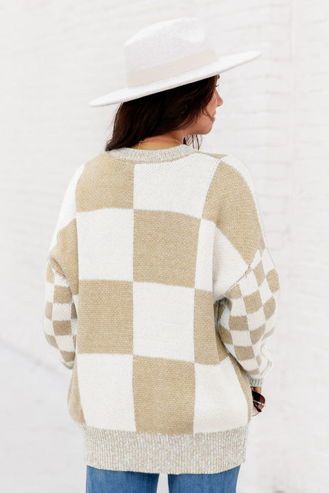 Flaxen Checkered Print Drop Shoulder Sweater