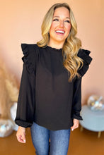 Black Frilled Neck Ruffled Trim Bubble Sleeve Blouse