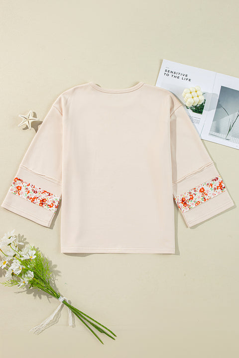 Beige Flower Patch Graphic Exposed Seam Wide Sleeve Top