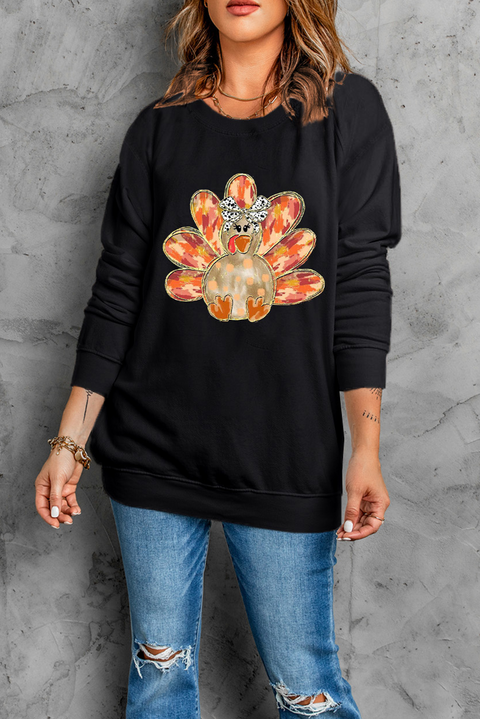 Black Thanksgiving Turkey Graphic Drop Shoulder Sweatshirt