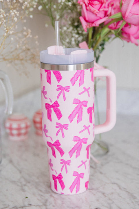 Pink Cute Bowknot Printed Tumbler with Handle 40oz