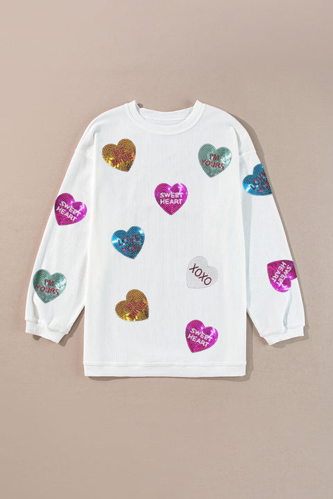 White Valentines Slogan Heart Sequin Corded Baggy Sweatshirt