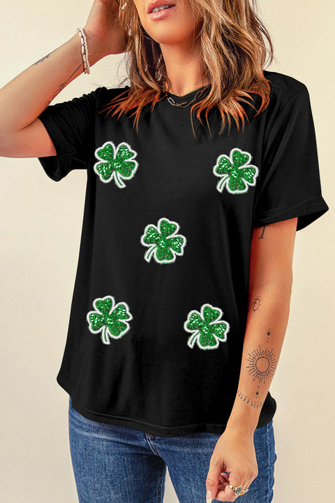 Black Four Leaf Clover Graphic St. Patricks Crewneck Tee