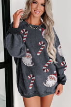 Gray Father Christmas Candy Cane Sequin Patched Baggy Sweatshirt