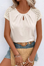 White Contrast Lace Sleeve Keyhole Decor Top