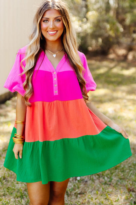 Multicolor Color Block Tiered Puff Sleeve Dress