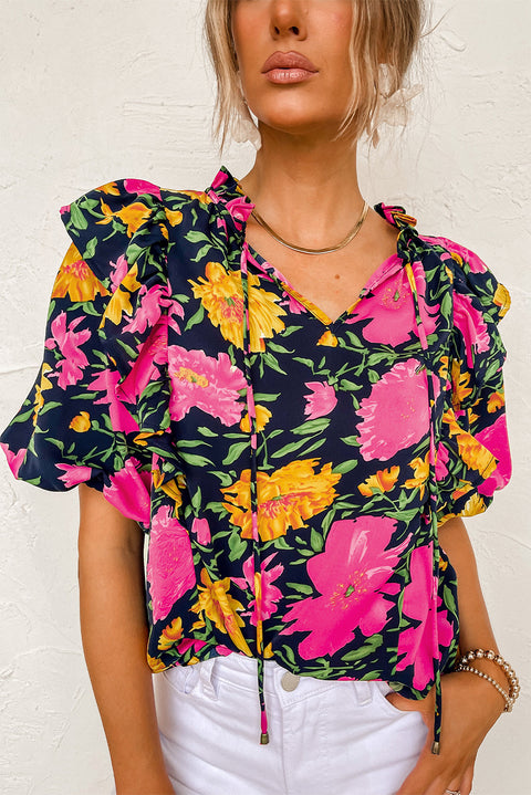 Rose Red Floral Bubble Sleeve Notch V Neck Ruffled Blouse