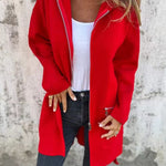 Fiery Red Solid Color Casual Zip up Hooded Coat