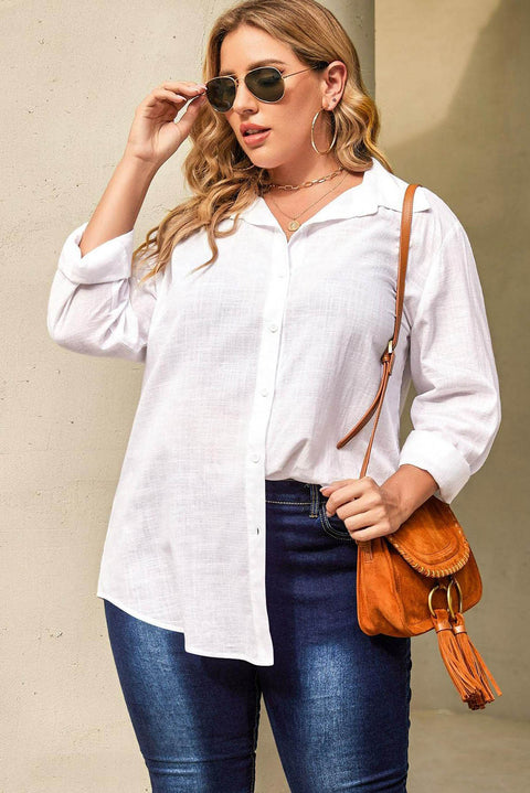 Camisa blanca con botones texturizados de lino de talla grande 