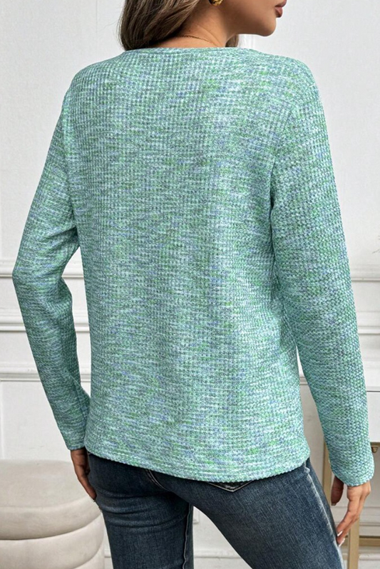 Moonlight Jade Buttoned V Neck Textured Knit Long Sleeve Top