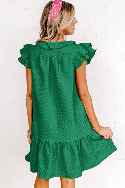 Blackish Green Flutter Sleeve Ruffled Textured Shift Dress