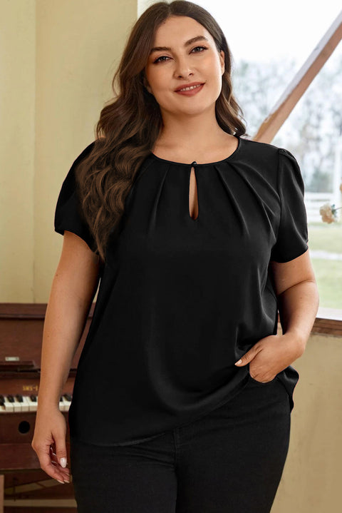 Black Keyhole Pleated Crew Neck Plus Size T Shirt