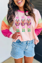 Pink Christmas Sequin Nutcracker Graphic Colorblock Long Sleeve Top