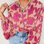 Pink Floral Print Batwing Sleeve Buttoned Loose Fit Shirt