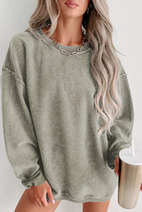 Gray Solid Ribbed Knit Round Neck Pullover Sweatshirt