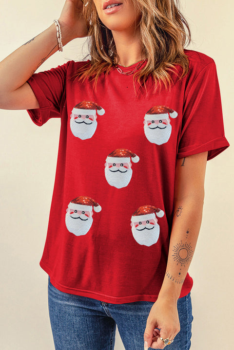 Red Sequin Christmas Claus Pattern Crewneck T Shirt