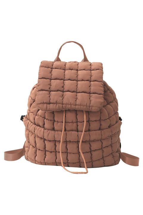 Coffee Solid Flapped Quilted Puffer Backpack