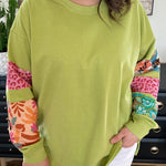 Green Plus Size Printed Patchwork Sleeve Split Sweatshirt