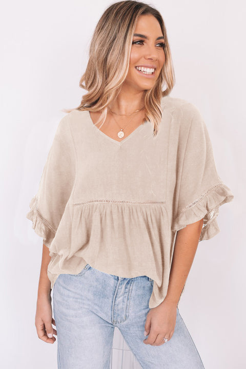 Ruffled Lace Detail Loose V Neck Top