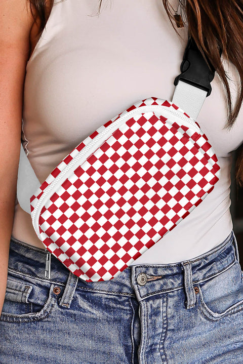 Fiery Red Checkered Print Zipped Buckle Strap Crossbody Bag