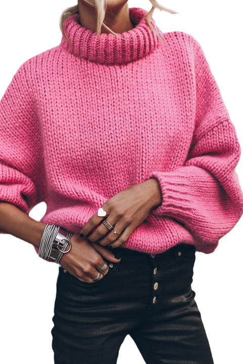 Rose Red Chunky Knit Turtle Neck Drop Shoulder Sweater