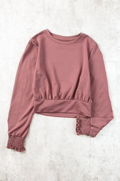 Banded Hem Smocking Cuffs Long Sleeve Crop Top