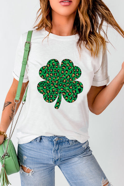 White Leopard Four Leaf Clover Graphic Tee