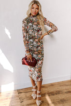 Brown Floral Allover Print Mock Neck Bodycon Long Sleeve Midi Dress