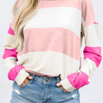 Light Pink Colorblock Striped Drop Shoulder Long Sleeve Top