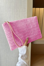 Rose Red Straw Woven Wrist Strap Zipper Large Wallet