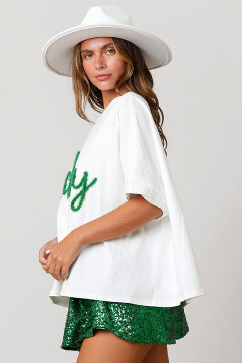 White Lucky Tinsel Graphic St Patrick Fashion Tee