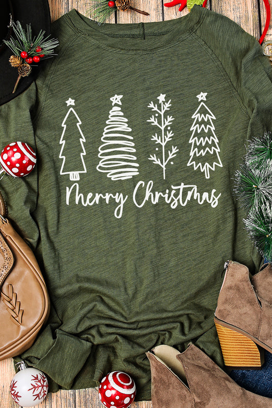 Green Merry Christmas Trees Thumbhole Sleeve Graphic Tee