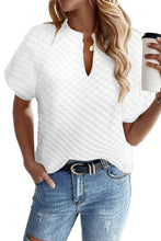 White Solid Color Textured Split Neck Short Sleeve Top