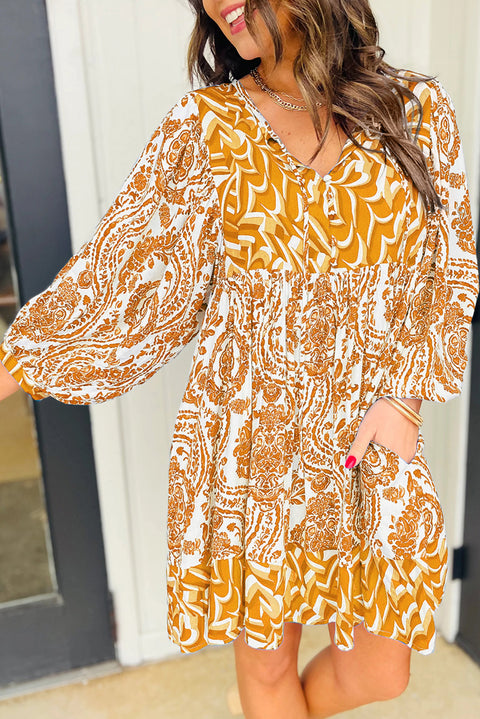 Yellow Bohemian Print Puff Sleeve Tied V Neck Flared Mini Dress