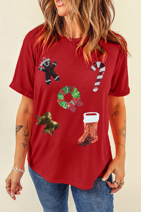 Camiseta roja con estampado de lentejuelas navideñas y cuello redondo