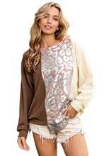 Brown Glitter Leopard Patchwork Crew Neck Long Sleeve Top