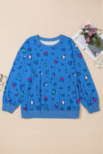 Sky Blue Leopard Ribbed Edge Drop Shoulder Pullover Sweatshirt