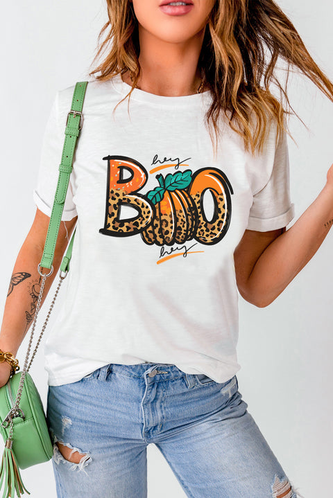 White BOO Pumpkin Leopard Print Crew Neck T Shirt