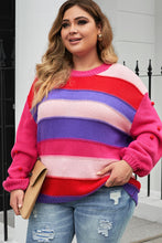 Pink Plus Size Striped Knit Pompom Puff Sleeve Sweater