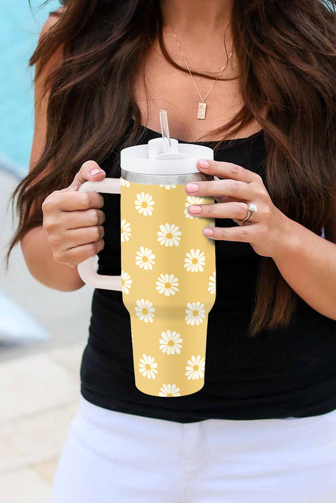 Yellow Daisy Print Handle Stainless Steel Portable Cup 1200ml