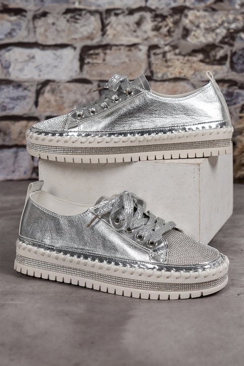 Silvery Rhinestone Metallic Sheen Lace-up Flat Shoes