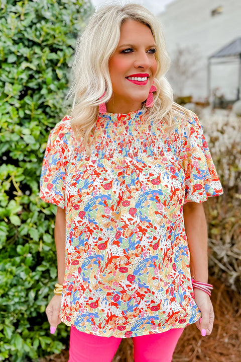 Multicolor Abstract Print Smocked Puff Sleeves Blouse