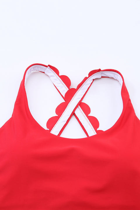 Fiery Red Scalloped Crossed Straps Cropped Bikini Top