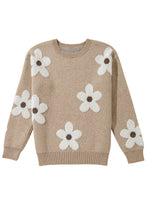 Parchment Flower Pattern Ribbed Trim Crew Neck Sweater