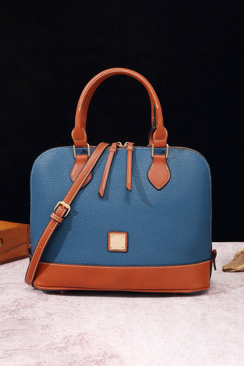 Ashleigh Blue Color Contrast PU Leather Zipper Tote Bag