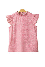 Pink Polka Dots Ruffle Flutter Sleeve Frilled Neck Blouse