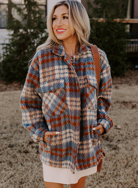 Cinnamon Plaid Print Chest Pockets Turn Down Collar Shacket