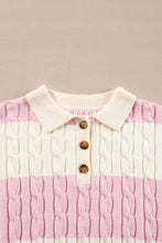 Pink Stripe Cable Knit Collared Henley Sweater